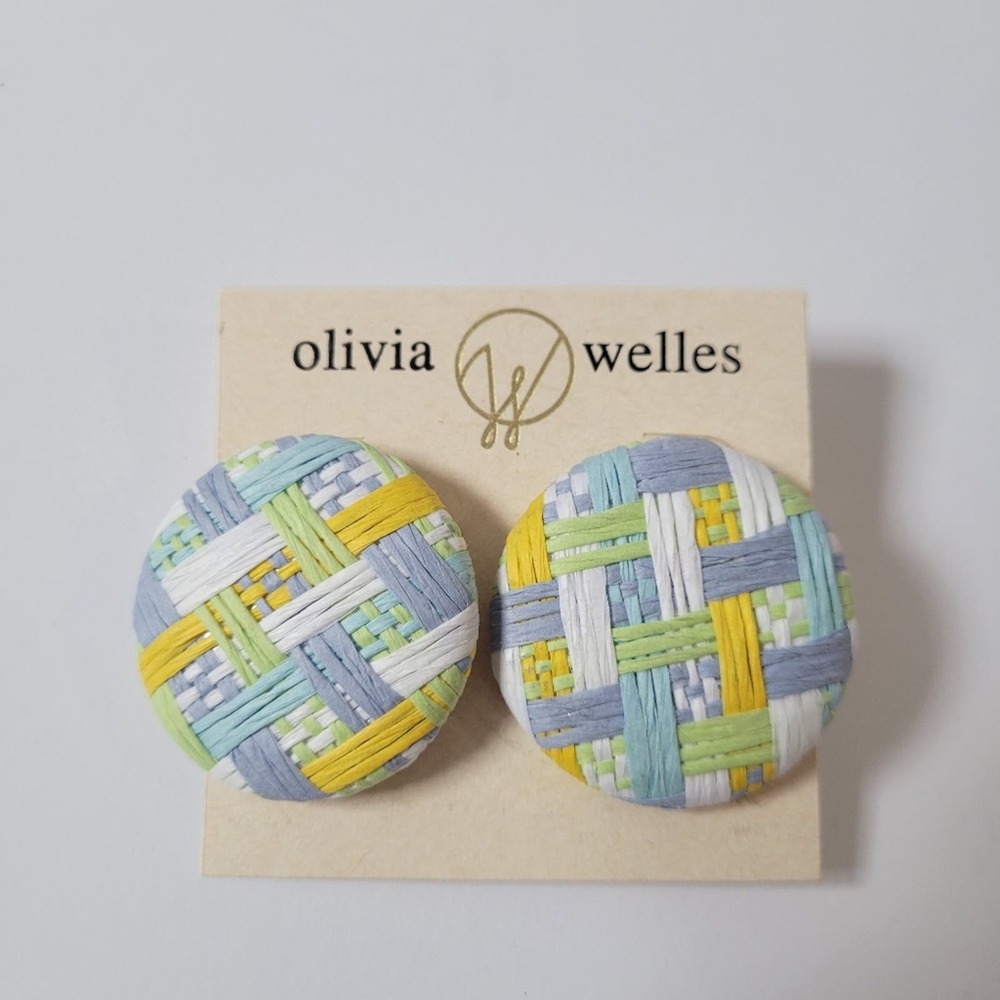 Olivia Welles Large Round Woven Button Post Pastel Earrings Coastal Grandma **